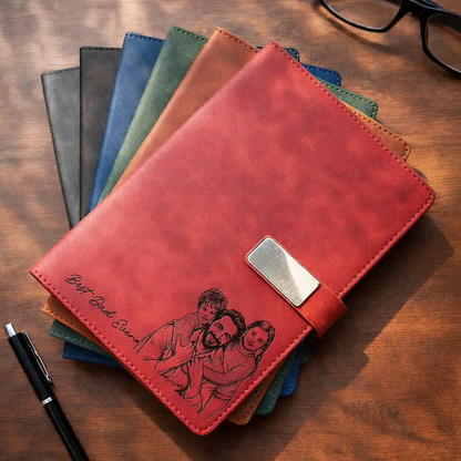 Custom Photo Bold Sketch Best Dad Grandpa Ever Family Portrait - Personalized Leather Notebook Set