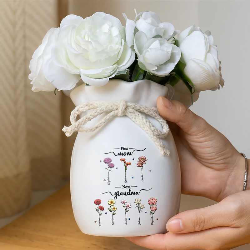 Birth Month Flowers First Mom Now Grandma - Personalized Ribbon Tie Flower Vase