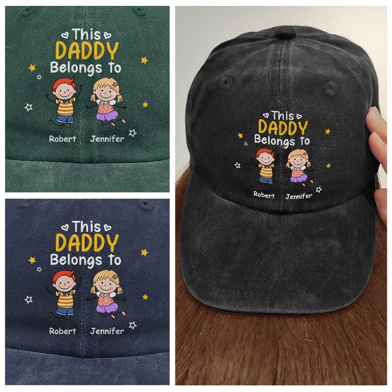 Stick Figures This Grandpa Dad Belongs To Kids Pet - Personalized Vintage Washed Denim Cap