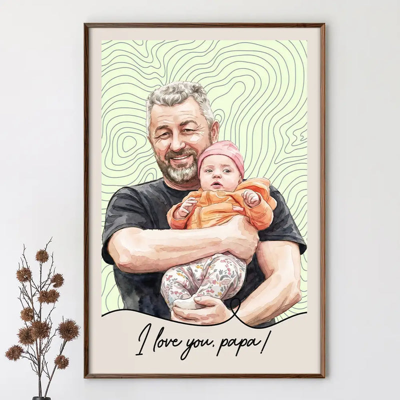 Custom Photo Realistic Watercolor Art Dad Grandpa Portrait Topographic Pattern - Personalized Poster