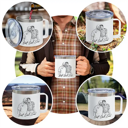 Custom Photo Bold Sketch Best Dad Grandpa Ever Family Portrait - Personalized 14oz Stainless Steel Tumbler With Handle
