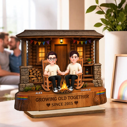 LGBT+ Couple Sitting On Front Porch - Personalized Wooden Plaque - Gift For Couple, Happy Pride Month