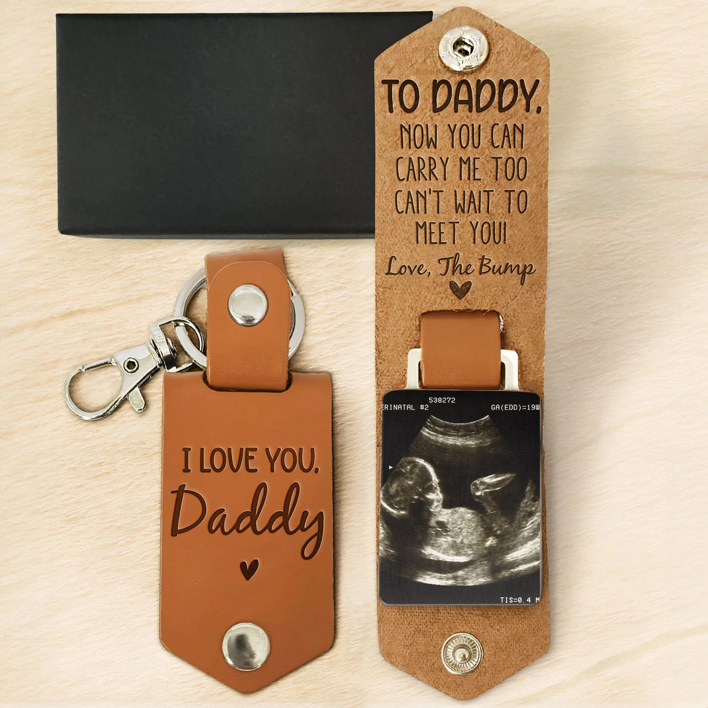 Father's Day Gifts, Daddy Can't Wait To Meet You From The Bump - Personalized Leather Photo Keychain