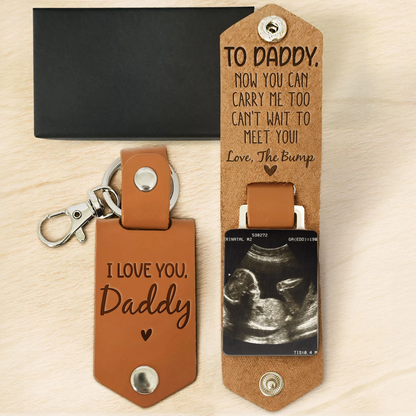 Father's Day Gifts, Daddy Can't Wait To Meet You From The Bump - Personalized Leather Photo Keychain