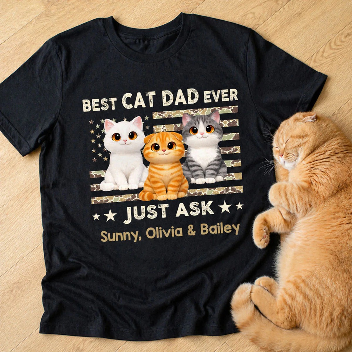 Best Cat Dad Ever Trendy Camouflage Pattern Nation Flag - Personalized Shirt - Father's Day Gift For Cat Dad, Cat Lovers