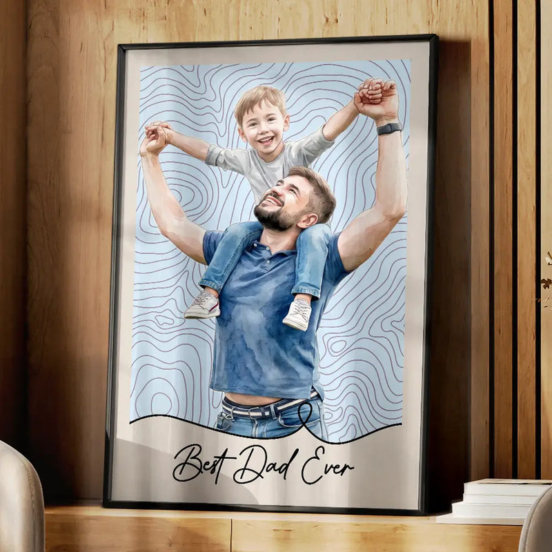 Custom Photo Realistic Watercolor Art Dad Grandpa Portrait Topographic Pattern - Personalized Poster