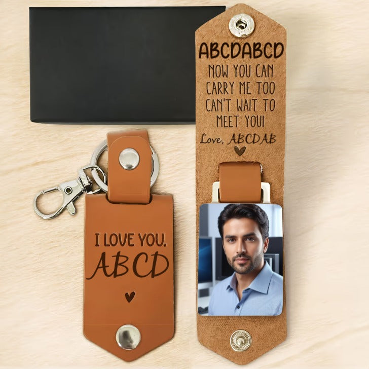 Father's Day Gifts, Daddy Can't Wait To Meet You From The Bump - Personalized Leather Photo Keychain