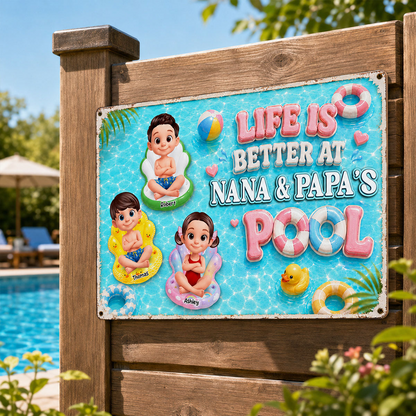 Pastel Life Is Better At Pool - Personalized Metal Sign - Gift For Grandparents, Summer Outdoor Pool, Porch, Patio, Bar Decoration