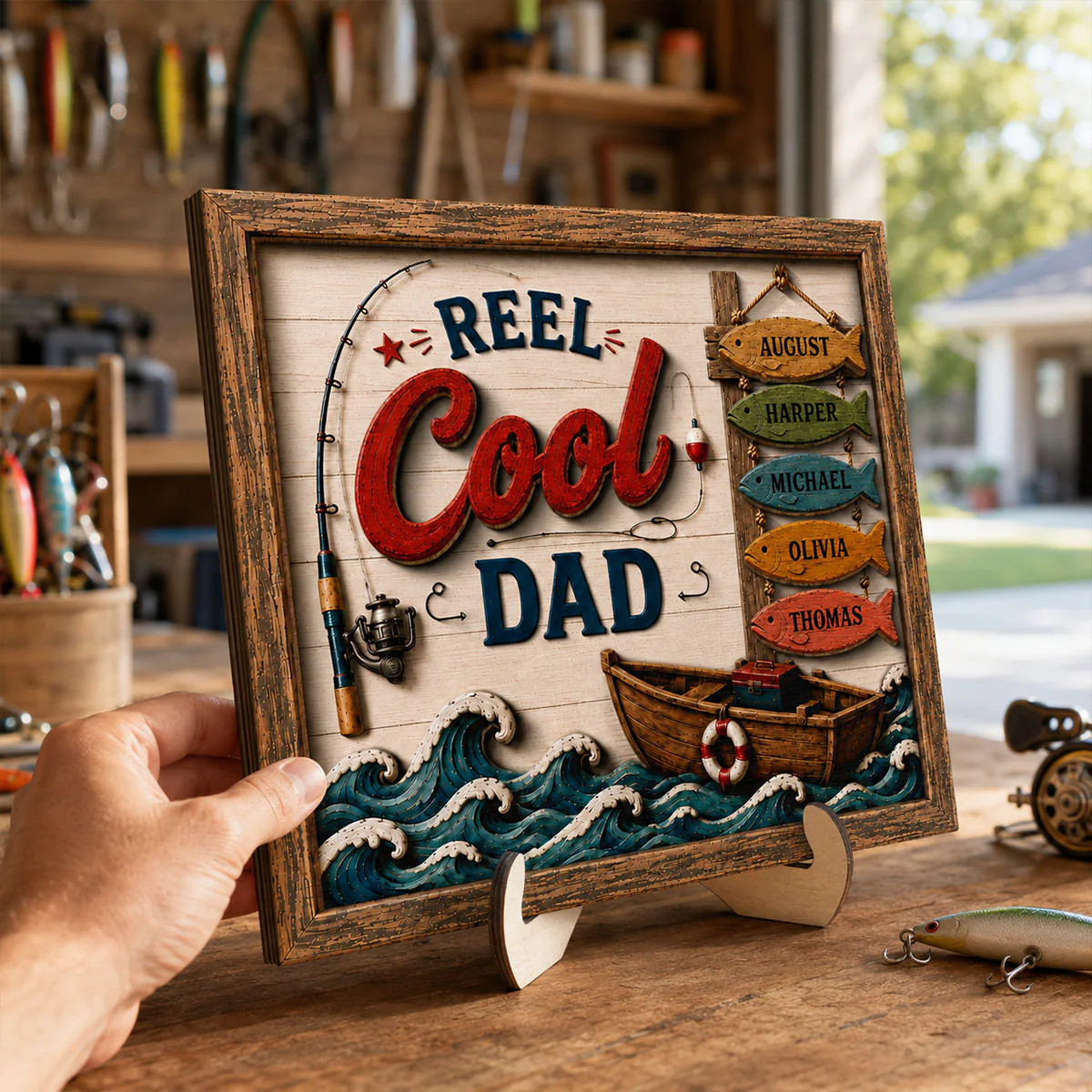 Reel Cool Dad Custom Kids Names Fishing - Personalized Wooden Plaque - Father’s Day Gift For Dad