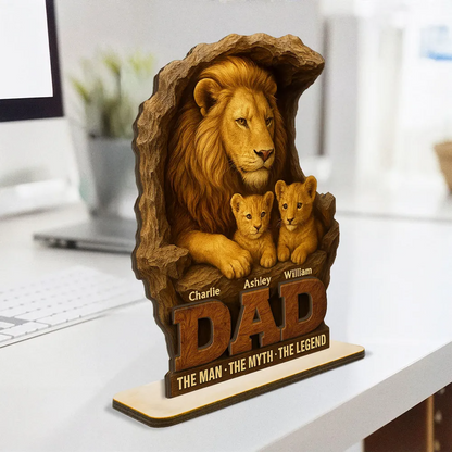Lion Dad And Kids Personalized Standing Wooden Plaque, Unique Father's Day Gift For Dad