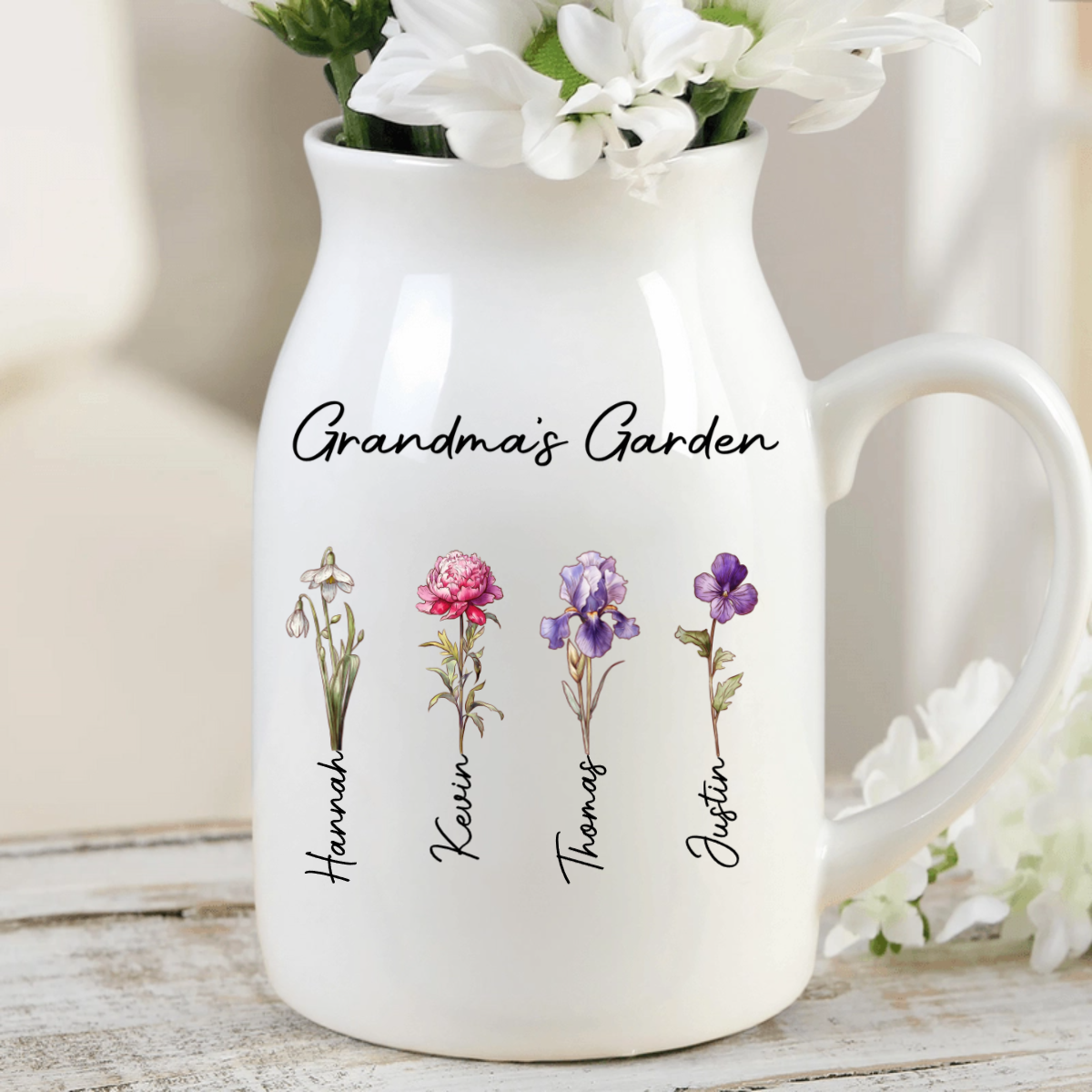 First Mom Now Grandma Birth Flowers - Personalized Ceramic Flower Vase