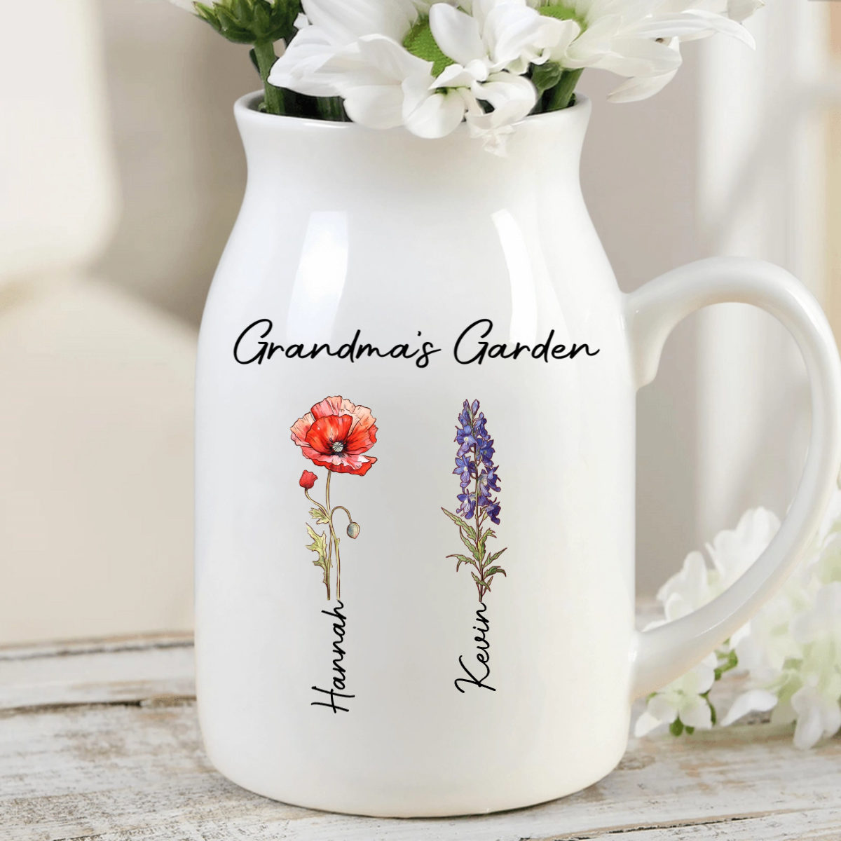First Mom Now Grandma Birth Flowers - Personalized Ceramic Flower Vase