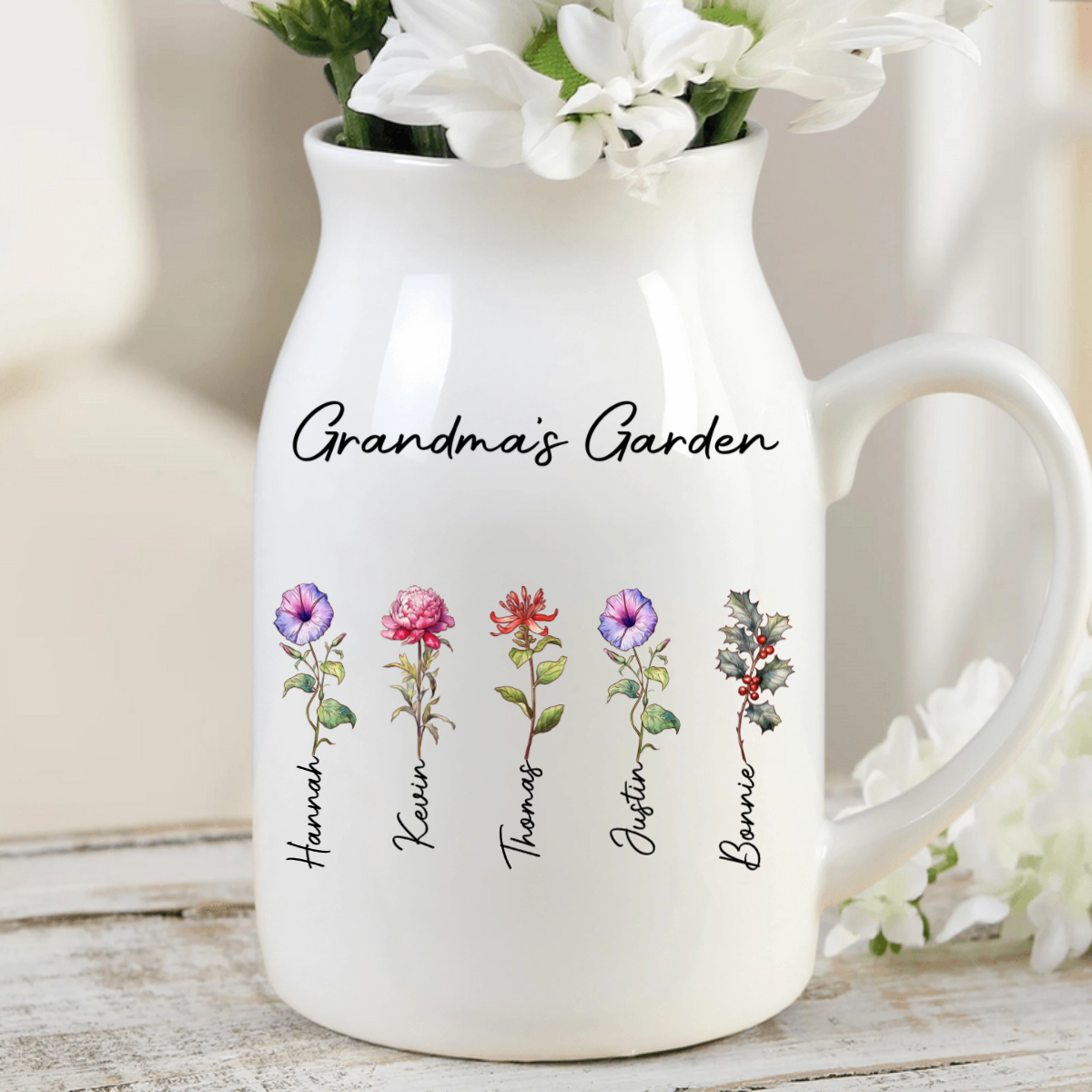 First Mom Now Grandma Birth Flowers - Personalized Ceramic Flower Vase