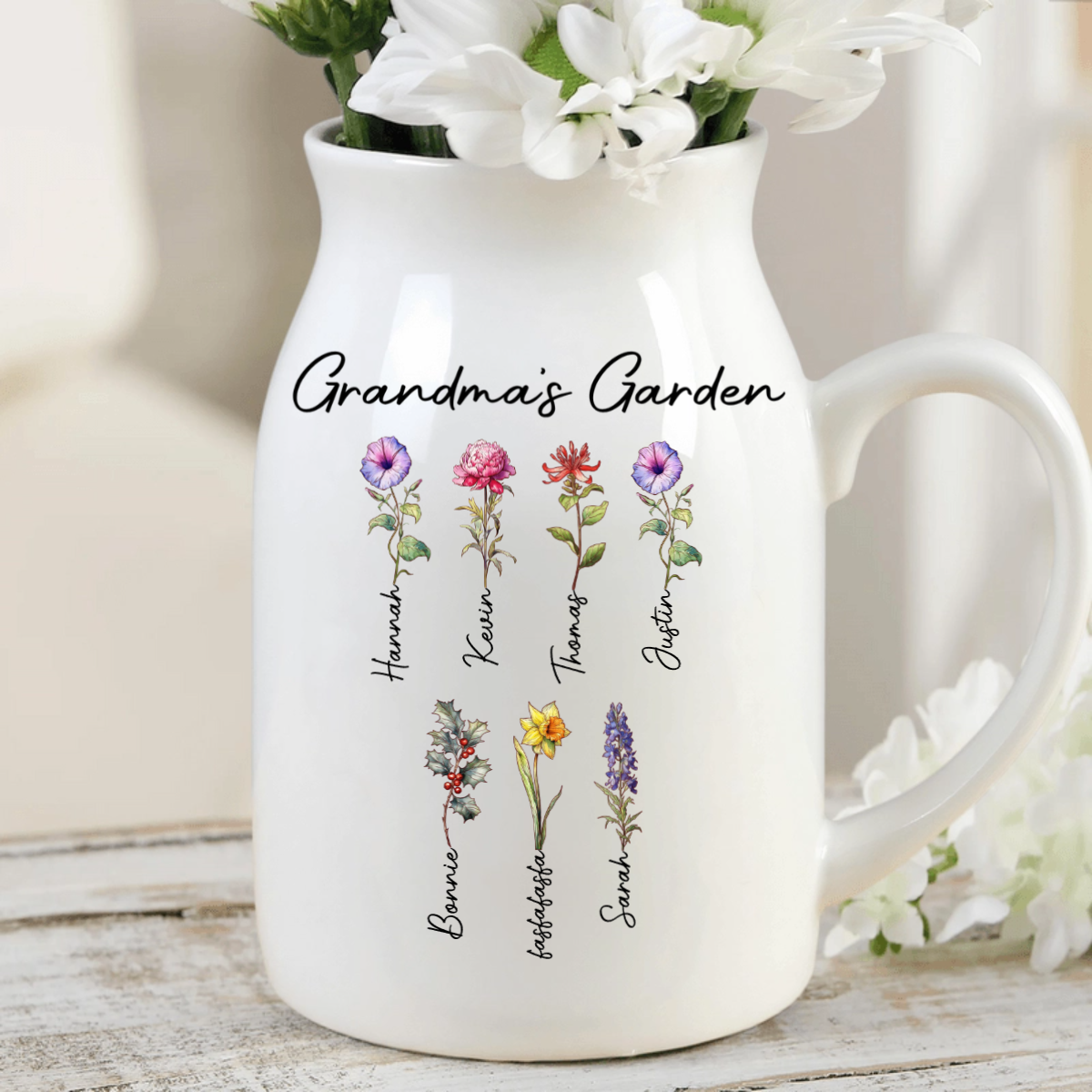 First Mom Now Grandma Birth Flowers - Personalized Ceramic Flower Vase