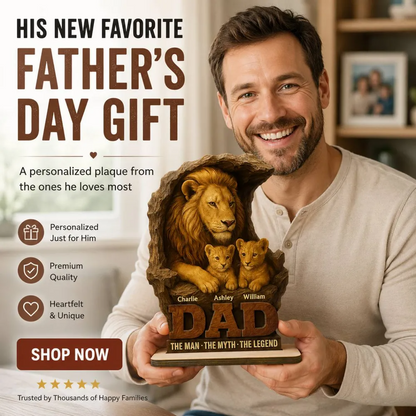 Lion Dad And Kids Personalized Standing Wooden Plaque, Unique Father's Day Gift For Dad