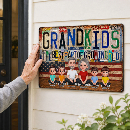 Grandkids Best Part Of Growing Old License Plate Style - Personalized Metal Sign - Gift For Grandparents, Patriotic Rustic Vintage