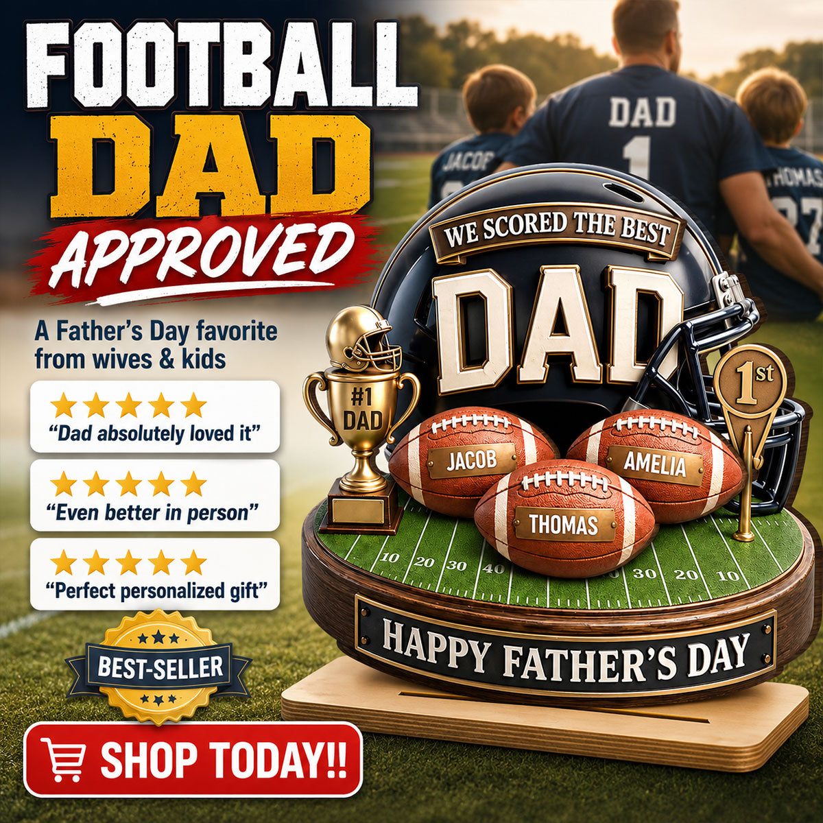 We Scored The Best Dad American Football Trophy - Personalized Wooden Plaque - Heartfelt Gift For Football Dad, Gift For Husband