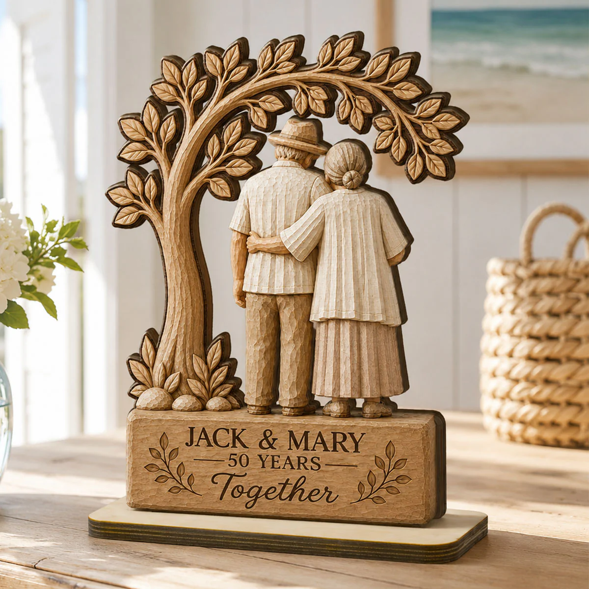 Rustic Old Couple Walking Anniversary Gift - Personalized Wooden Plaque - Wedding Year Decor