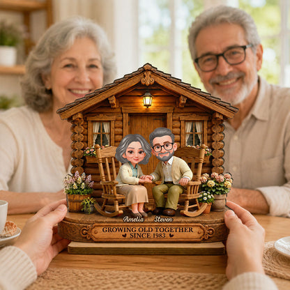 Eternal Love Couple Growing Old Together Cabin Wood House - Personalized Wooden Plaque - Anniversary Gift For Couple
