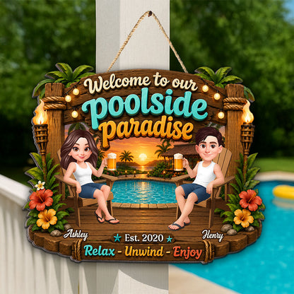 Welcome To Our Poolside Paradise Summer - Personalized Wood Sign - Gift For Couple, Summer Decoration