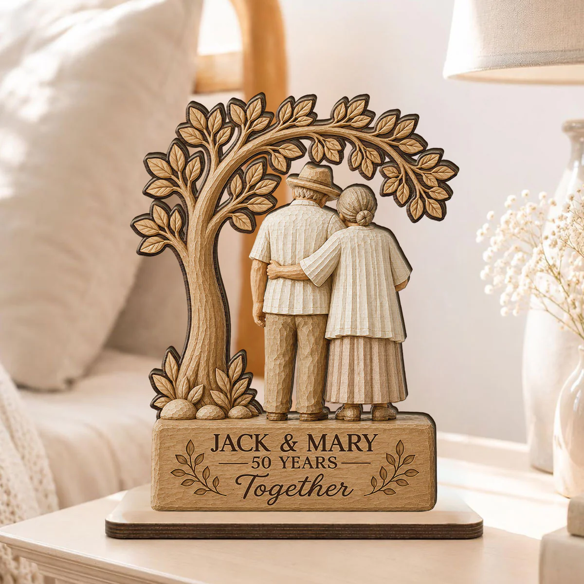 Rustic Old Couple Walking Anniversary Gift - Personalized Wooden Plaque - Wedding Year Decor