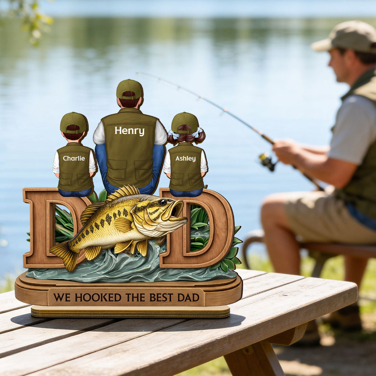 Fishing Dad And Kids Sitting Together - Personalized Wooden Plaque - Heartfelt Gift For Dad, Gift For Husband