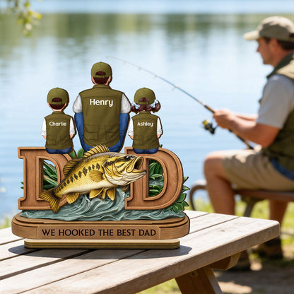 Fishing Dad And Kids Sitting Together - Personalized Wooden Plaque - Heartfelt Gift For Dad, Gift For Husband