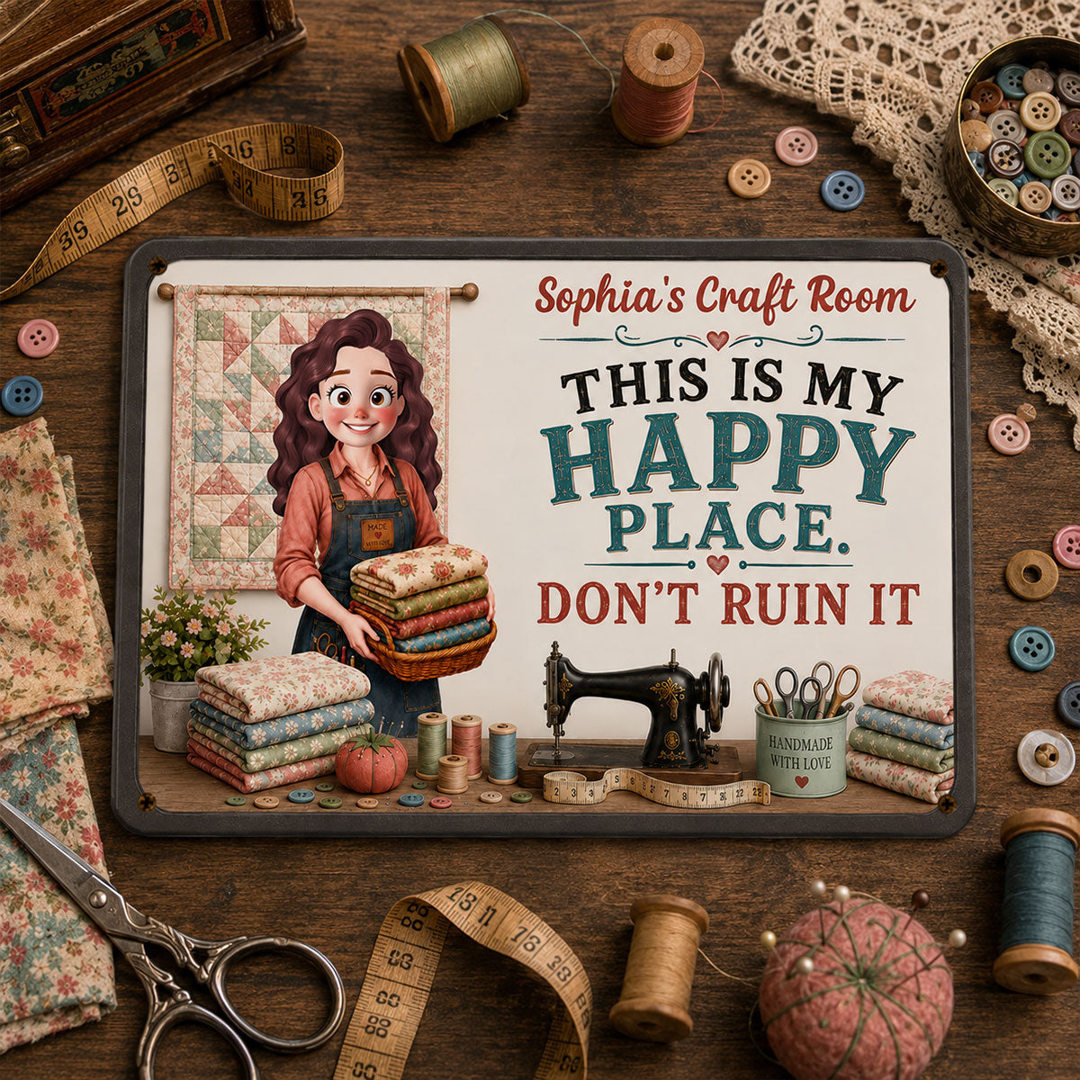 This Is My Happy Place Don't Ruin It Sewing Girl - Personalized Wooden Sign - Craft Room Decor