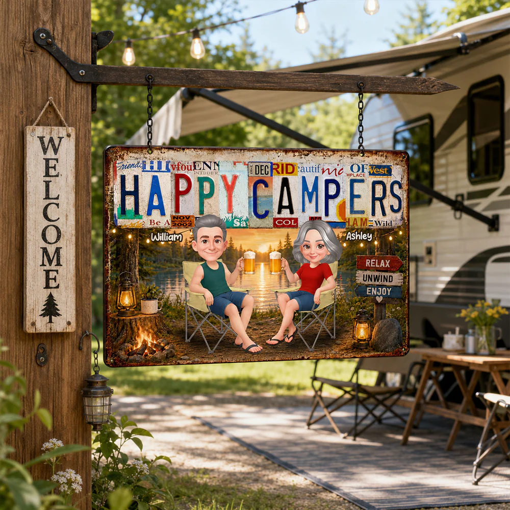 Happy Campers Camping Couple License Plate Style - Personalized Metal Sign - Gift For Campers