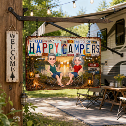 Happy Campers Camping Couple License Plate Style - Personalized Metal Sign - Gift For Campers