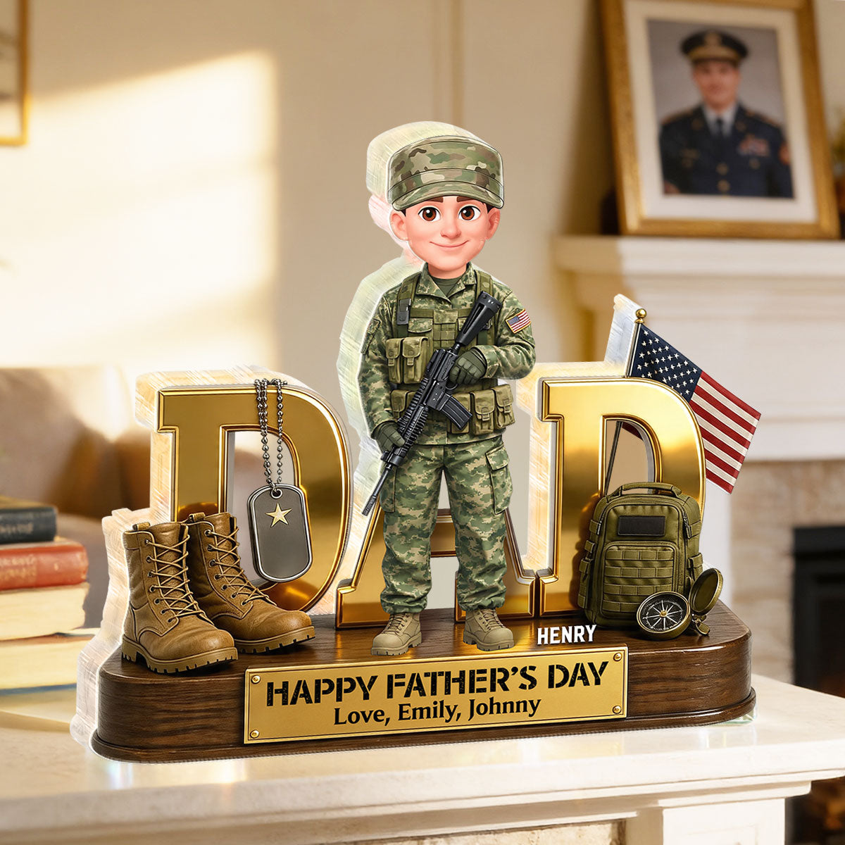 Proud American Military Armed Force Hero Dad 2D Flat - Personalized Acrylic Block Plaque - Father's Day Gift For Dad