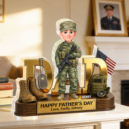 Proud American Military Armed Force Hero Dad 2D Flat - Personalized Acrylic Block Plaque - Father's Day Gift For Dad