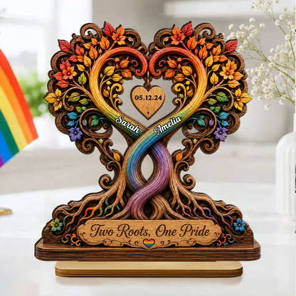 Two Roots One Pride LGBTQ+ Couple - Personalized Wooden Plaque - Heartfelt Anniversary Gift for Her, for Him