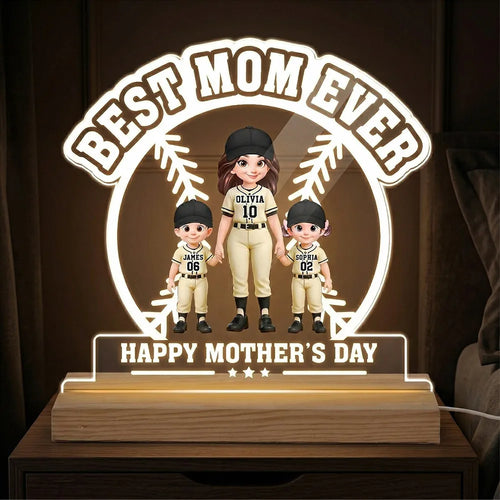 Best Mom Ever Baseball Mom & Kids - Personalized Acrylic Plaque LED Night Light