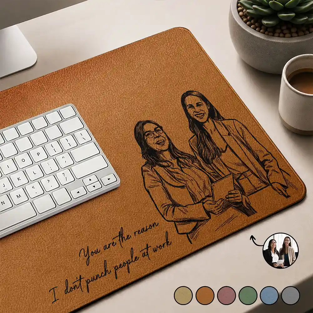 Custom Photo Bold Sketch The Reason I Don't Punch People At Work - Personalized Leather Desk Mat