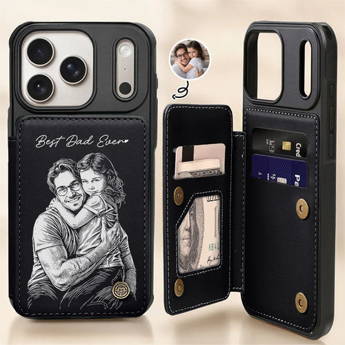 Custom Photo Bold Sketch Best Dad Grandpa Ever Family Portrait - Personalized Leather Flip Wallet Phone Case