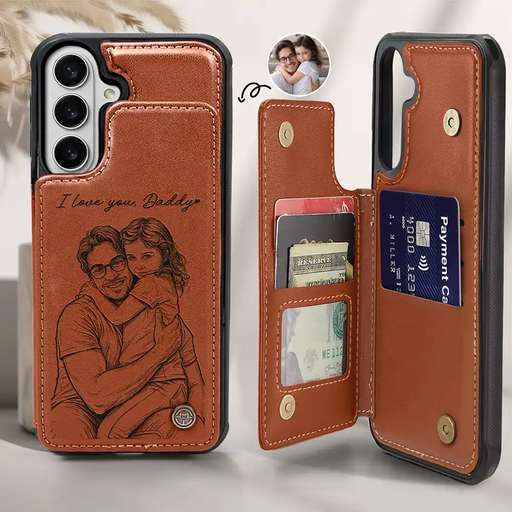 Custom Photo Bold Sketch Best Dad Grandpa Ever Family Portrait - Personalized Leather Flip Wallet Phone Case