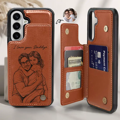 Custom Photo Bold Sketch Best Dad Grandpa Ever Family Portrait - Personalized Leather Flip Wallet Phone Case