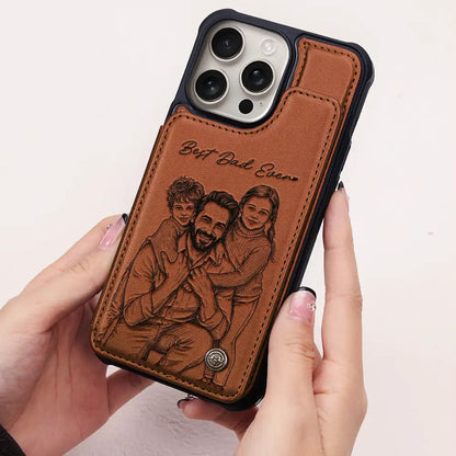 Custom Photo Bold Sketch Best Dad Grandpa Ever Family Portrait - Personalized Leather Flip Wallet Phone Case