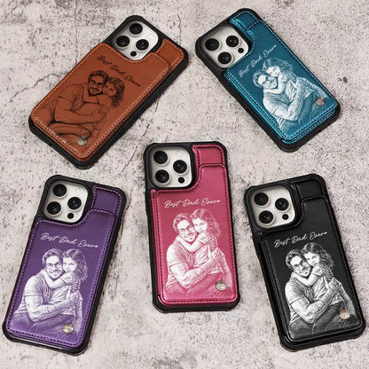 Custom Photo Bold Sketch Best Dad Grandpa Ever Family Portrait - Personalized Leather Flip Wallet Phone Case