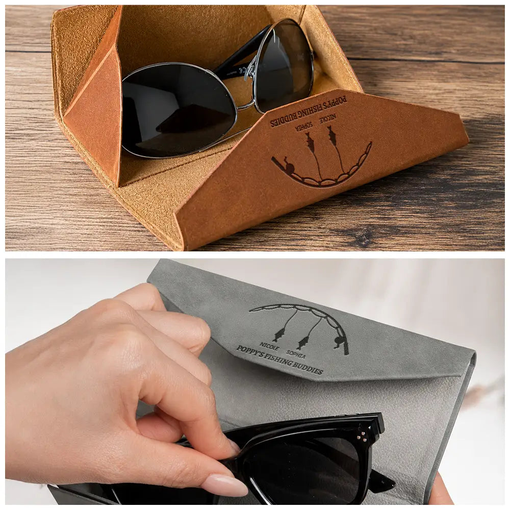 Reel Cool Grandpa Dad With Kids Names - Personalized Leather Glasses Case