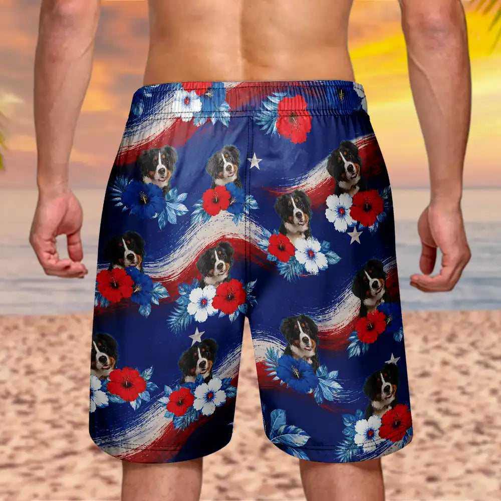 Custom Photo Stars & Stripes Dog Cat Happy Paws - Personalized Unisex Beach Shorts