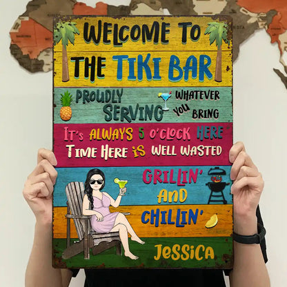 Patio Welcome Grilling Proudly Serving Whatever You Bring Husband Wife Couple Single - Backyard Sign - Personalized Custom Classic Metal Signs