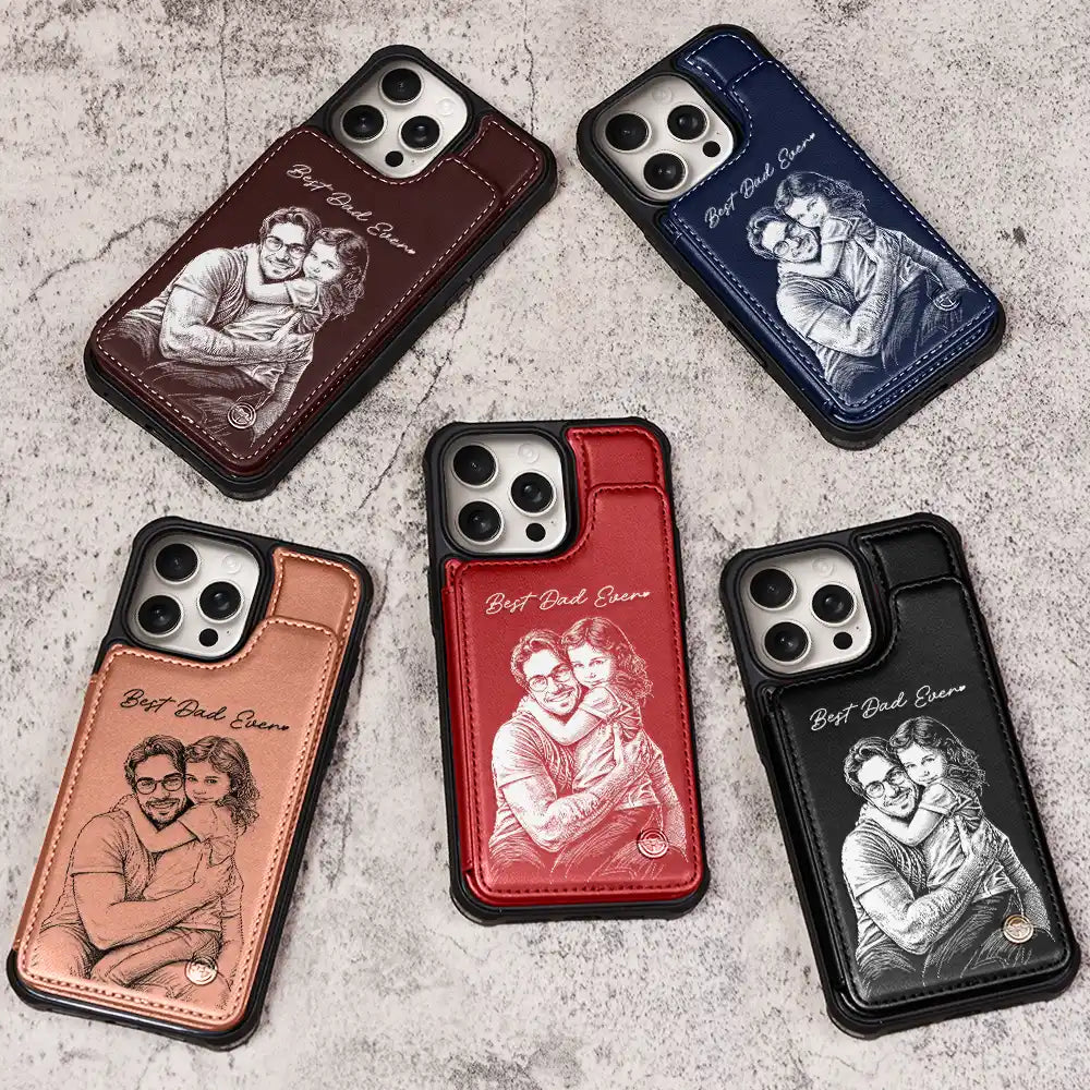 Custom Photo Bold Sketch Best Dad Grandpa Ever Family Portrait - Personalized Leather Flip Wallet Phone Case