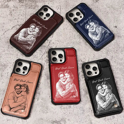 Custom Photo Bold Sketch Best Dad Grandpa Ever Family Portrait - Personalized Leather Flip Wallet Phone Case