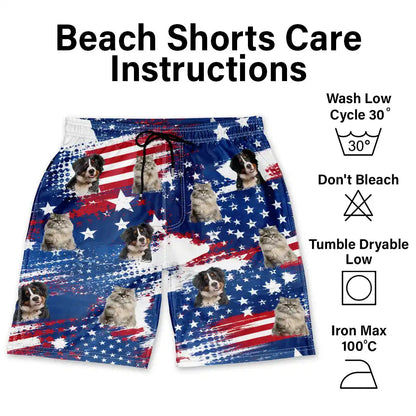 Custom Photo Stars & Stripes Dog Cat Happy Paws - Personalized Unisex Beach Shorts
