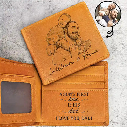 Custom Photo Bold Sketch A Son Daughter's First Hero - Personalized Engraved Leather Wallet
