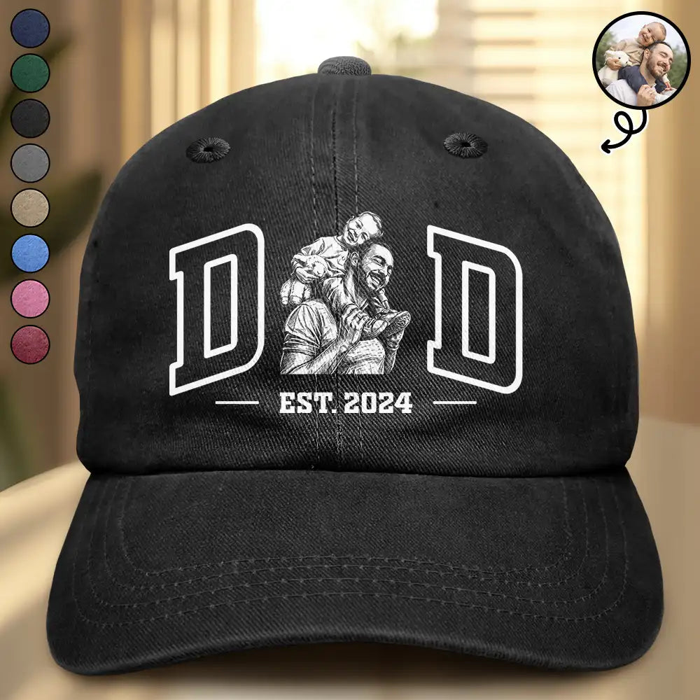 Custom Photo Ink Drawing Dad Mom Est Year - Personalized Vintage Washed Denim Cap