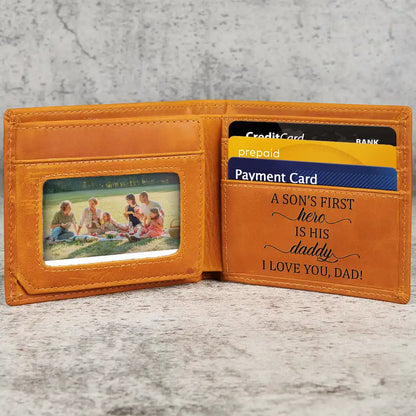 Custom Photo Bold Sketch A Son Daughter's First Hero - Personalized Engraved Leather Wallet