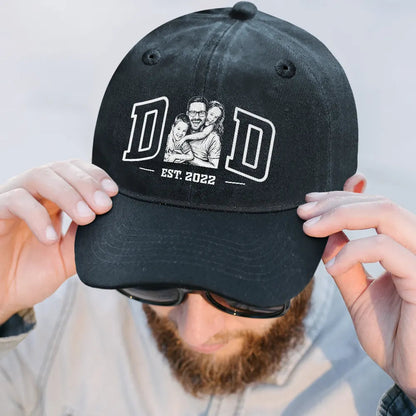 Custom Photo Ink Drawing Dad Mom Est Year - Personalized Vintage Washed Denim Cap